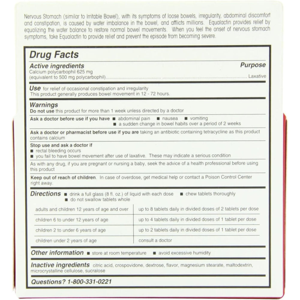 Label close-up on Equalactin chewable tablets showing citrus flavor.