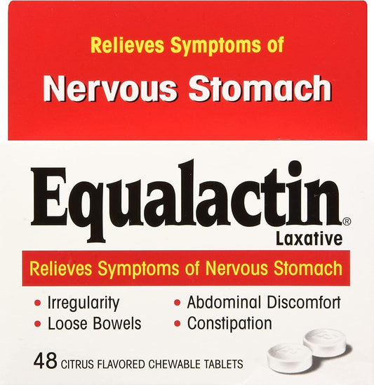 Equalactin chewable tablets four-pack box front for convenient on-the-go use
