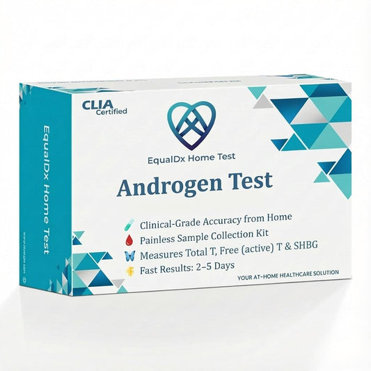 EqualDx 3-in-1 androgen test kit packaging shown for discreet wellness tracking.