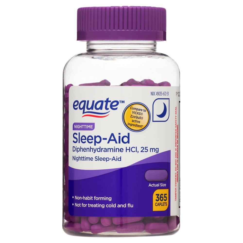Equate Nighttime Sleep-Aid caplets bottle front showing the product for occasional sleeplessness relief