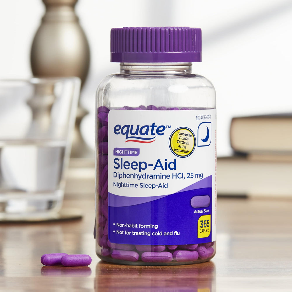 Equate Nighttime Sleep-Aid caplets being poured for simple bedtime dosing