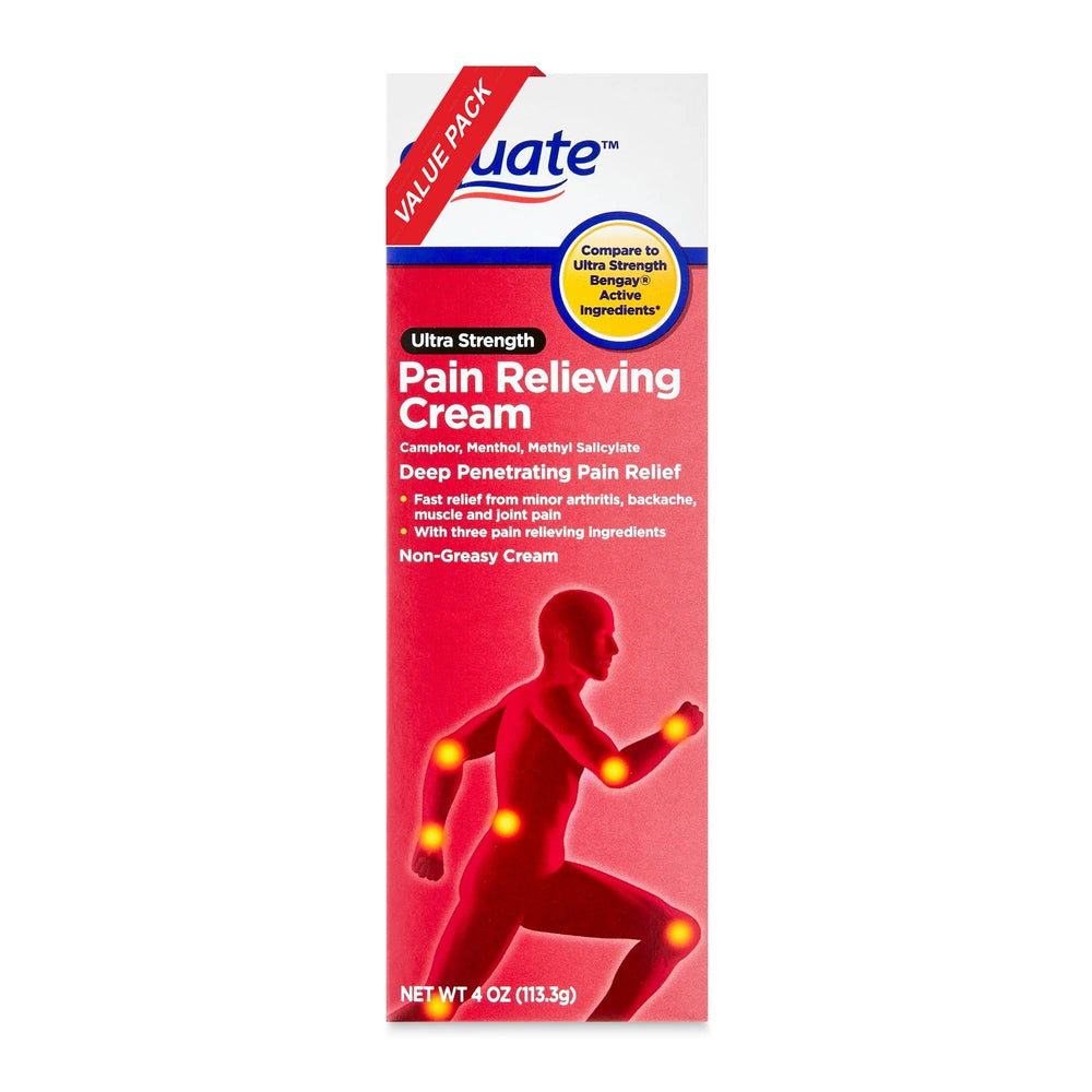 Packaging and label of Equate Pain Relieving Cream highlighting its four-tube value