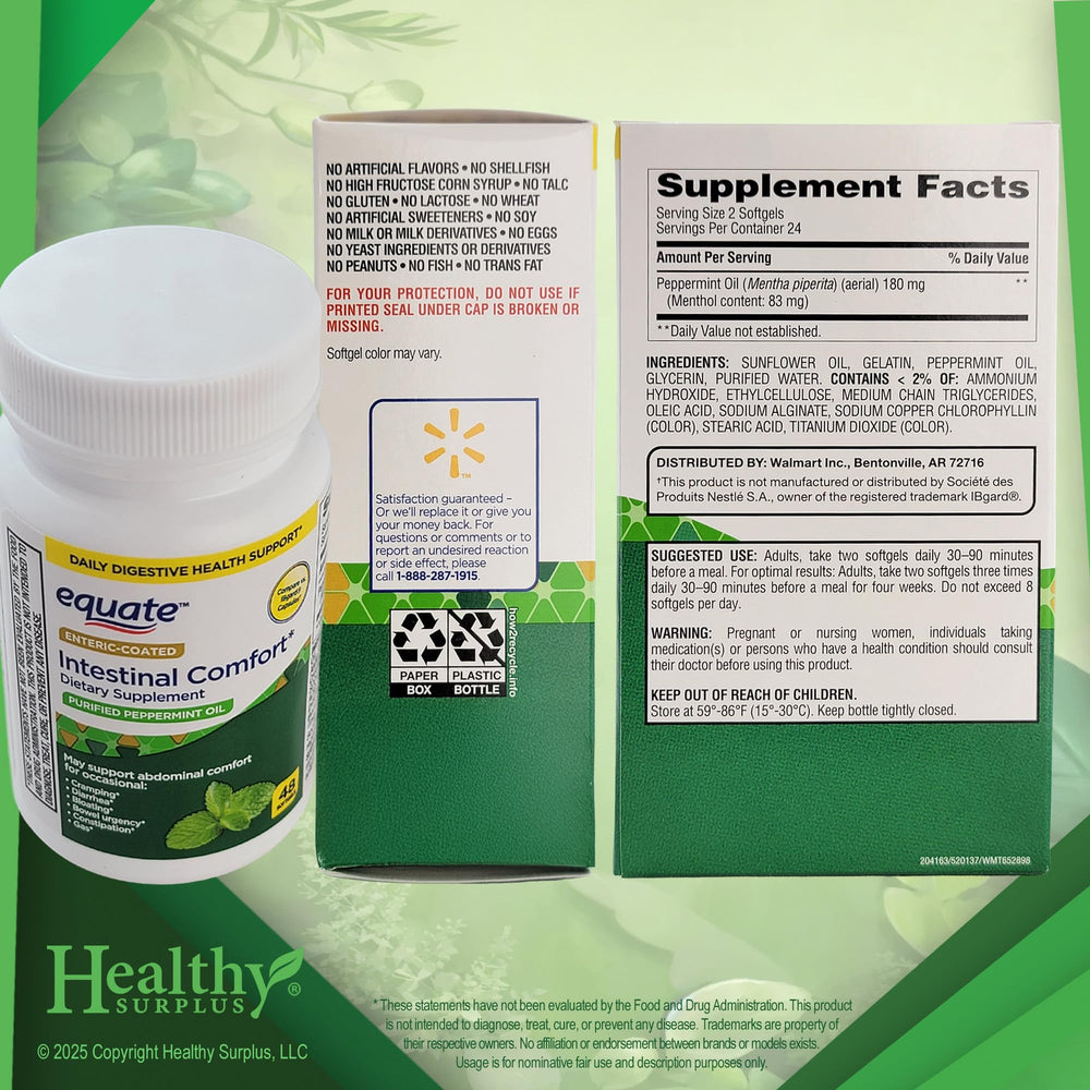 Equate Peppermint softgels capsules closeup with smooth coating