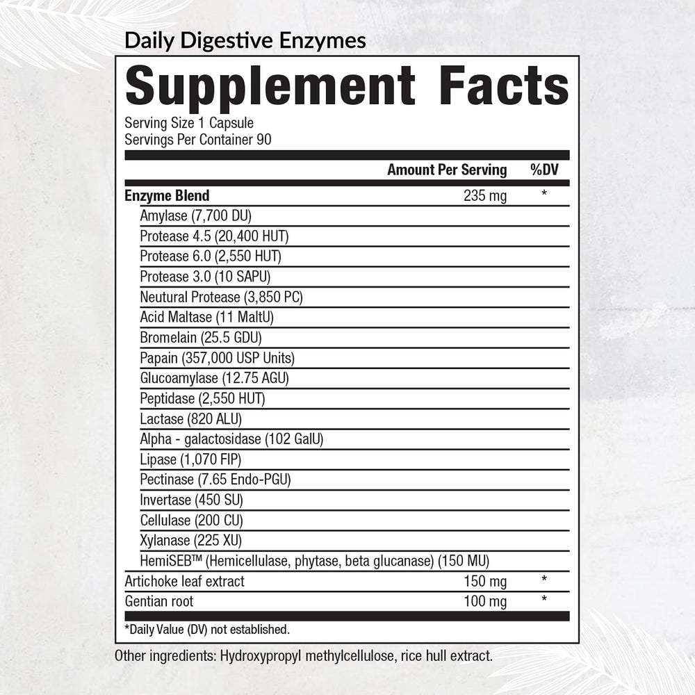 Equilife Daily Digestive Enzyme bottle label with vegan and non-GMO icons.