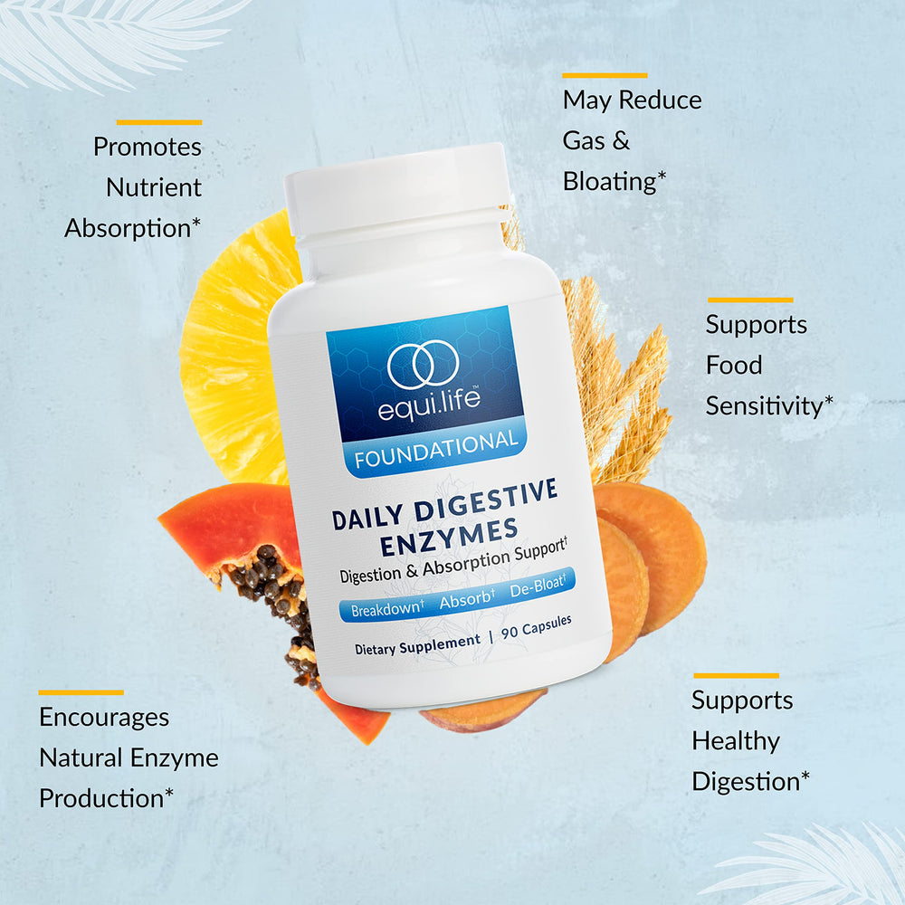 Equilife digestive enzyme capsules close-up for easy swallowing.