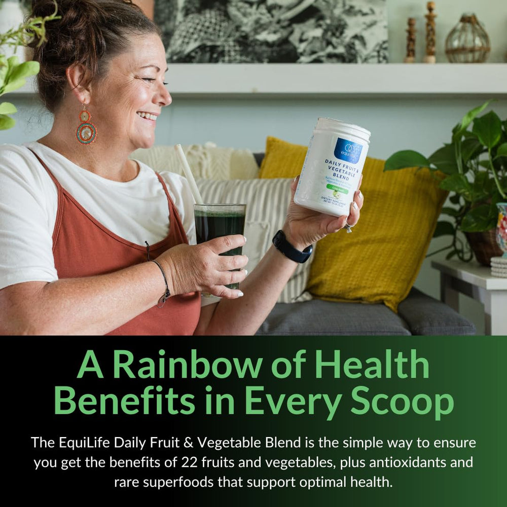 Equilife daily fruit and vegetable blend crisp apple flavor bottle pour.