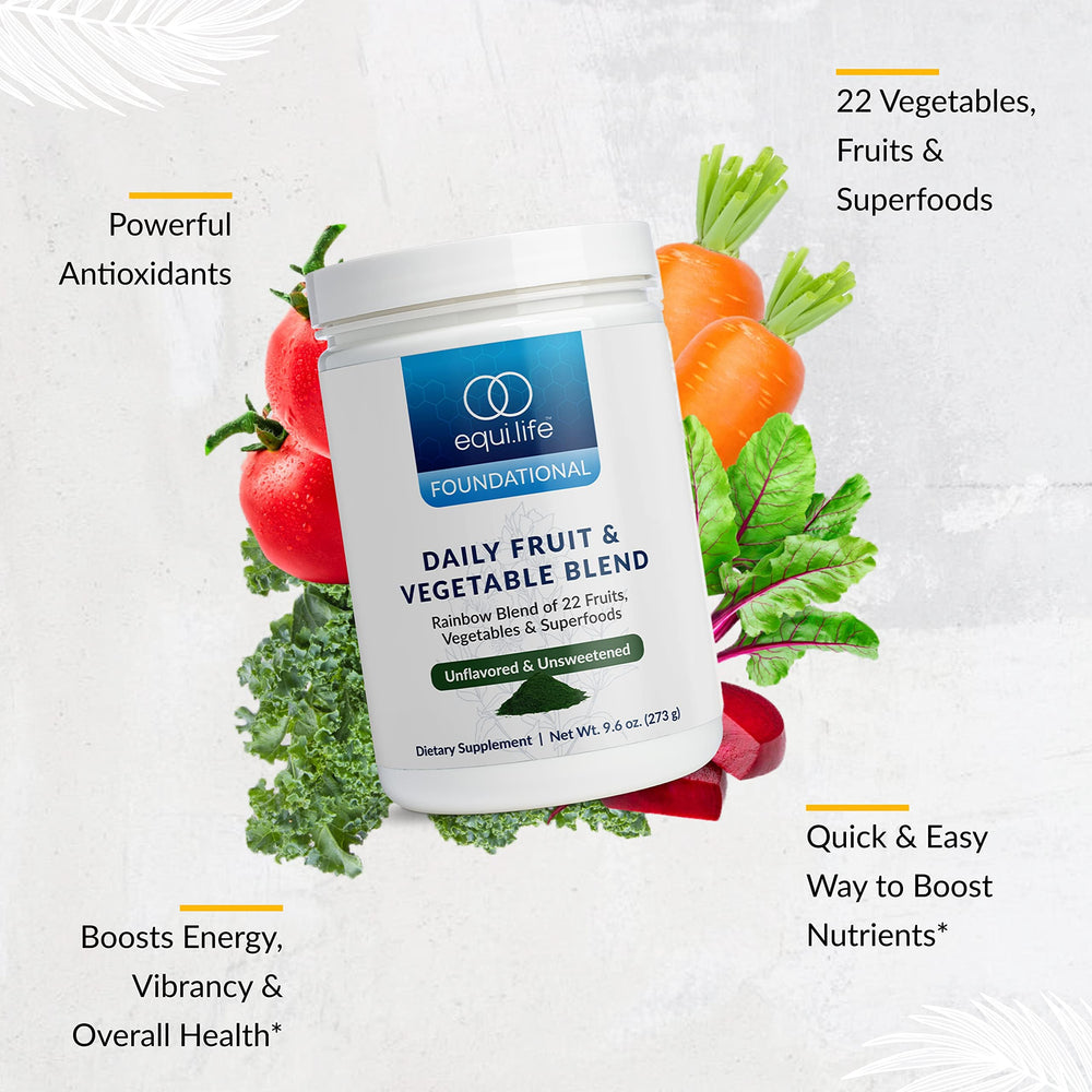EquiLife Daily Fruit and Vegetable Blend ingredients showcase 22 organic fruits and vegetables.