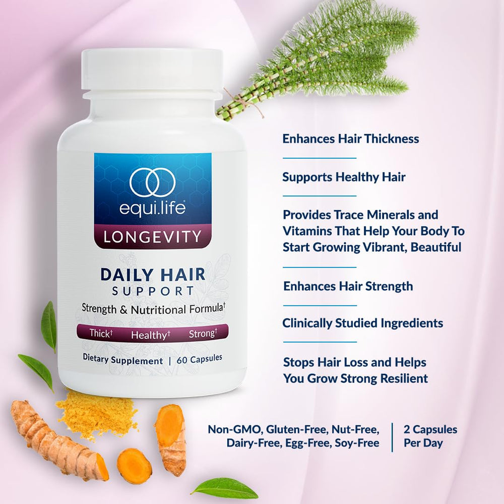 Equilife Daily Hair Support label details highlighting gluten-free and non-GMO claims.
