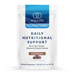 Equilife Daily Nutritional Support chocolate powder in tub for convenient meal replacement.