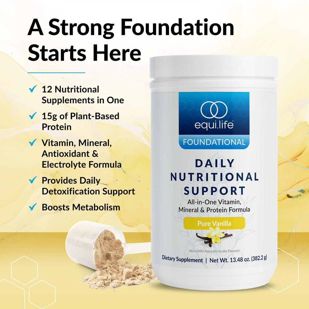 Equilife Daily Nutritional Support tub front showcasing the all-in-one nutrition solution.