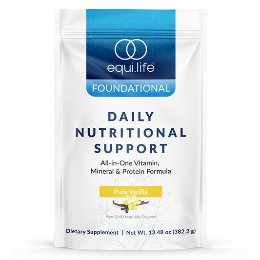 Equilife Daily Nutritional Support vanilla tub front, convenient meal replacement for busy days.