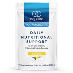 Equilife Daily Nutritional Support vanilla tub front, convenient meal replacement for busy days.