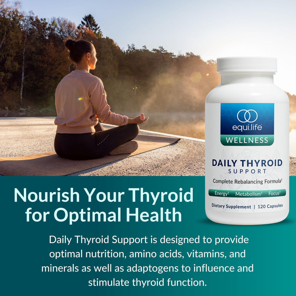 Equilife Thyroid Support label explains non-GMO and dairy-free benefits.