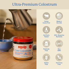 Equip Core Bovine Colostrum bottle shown on kitchen counter with nutrition label.