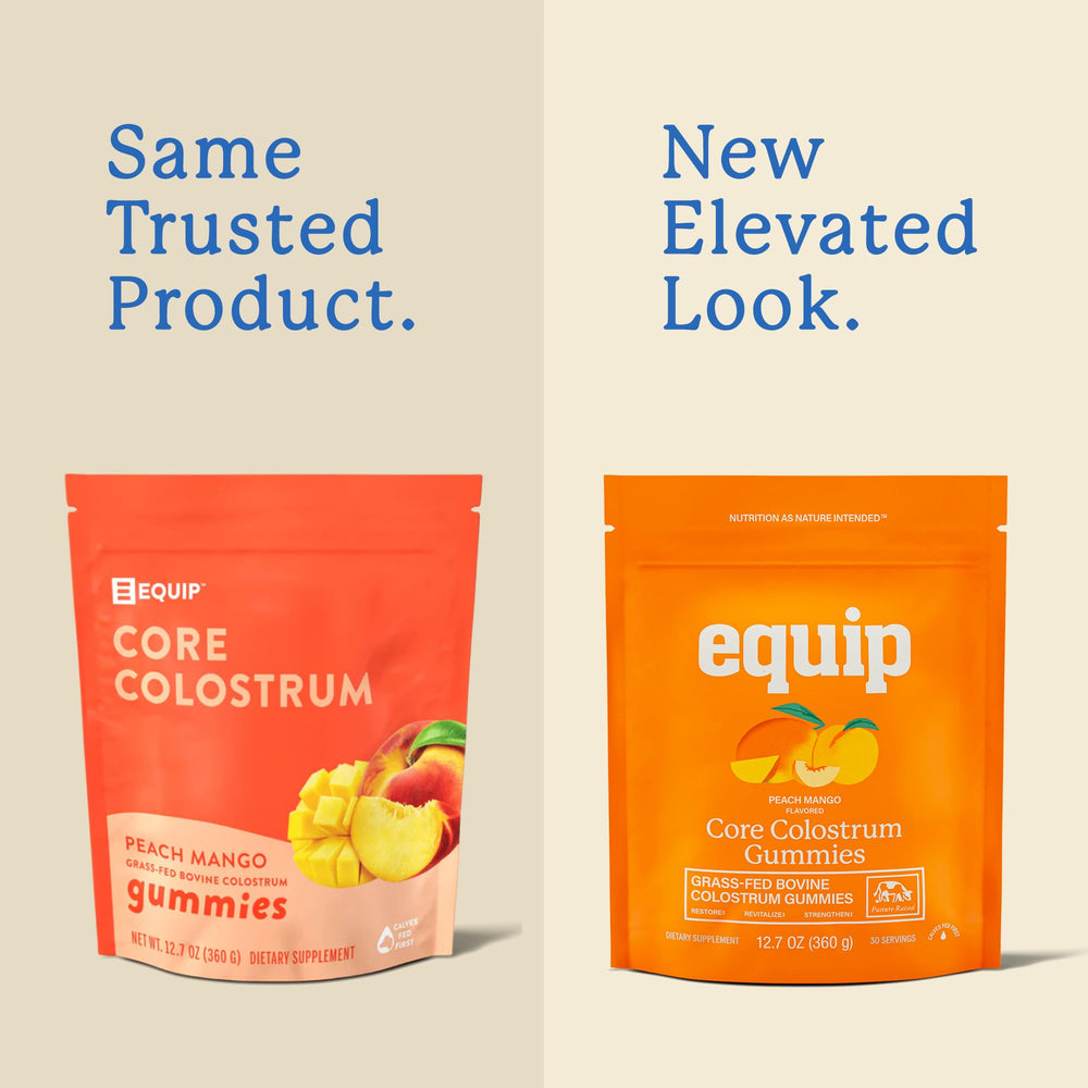 Equip Foods Core Bovine Colostrum Gummies jar-label-closeup shows USA-sourced grass-fed ingredients