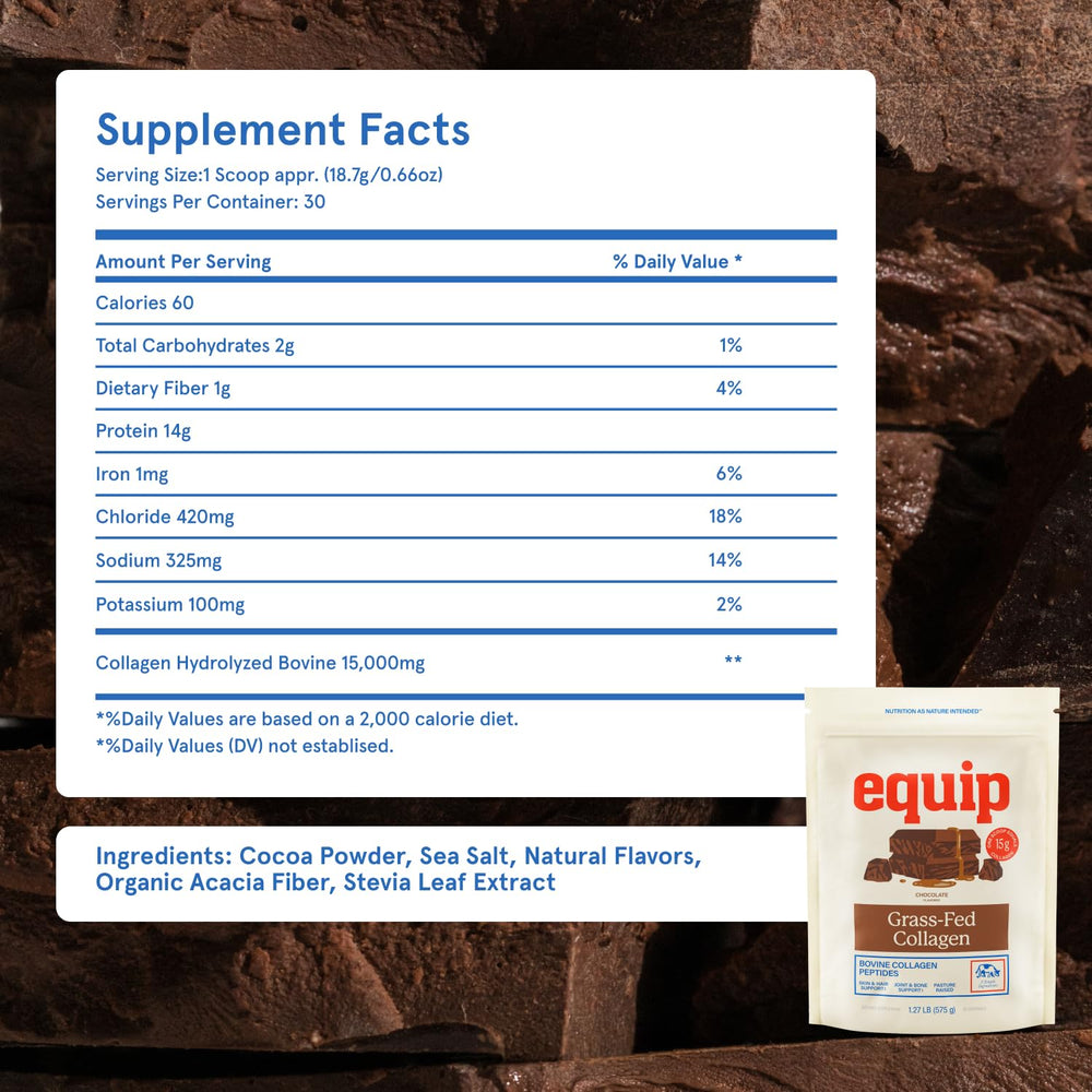 Equip Grass Fed Collagen packaging highlights non-GMO and paleo-friendly formulation.