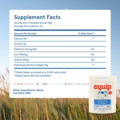 Equip Grass-Fed Collagen Powder label highlights non-GMO, paleo-friendly collagen peptides.