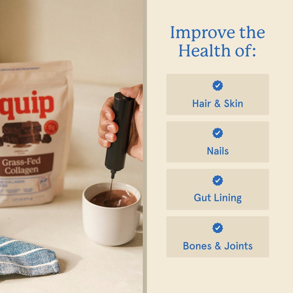 Equip Grass Fed Collagen powder mixed into a glass shake for skin and joints.