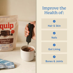 Equip Grass Fed Collagen powder mixed into a glass shake for skin and joints.