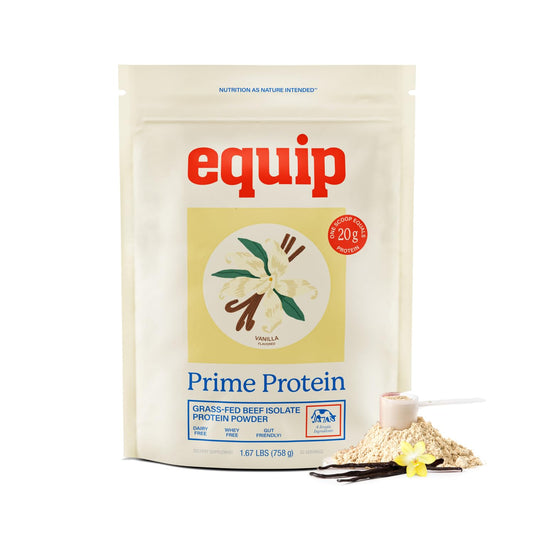 Equip Prime Protein bottle with vanilla flavor, ideal for keto and paleo nutrition.
