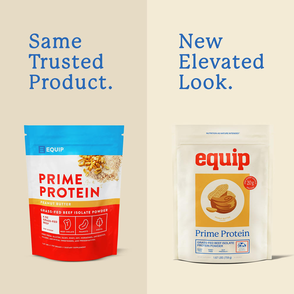 Equip Prime Protein Powder chocolate tub supports muscle recovery with clean, 21g protein per serving.