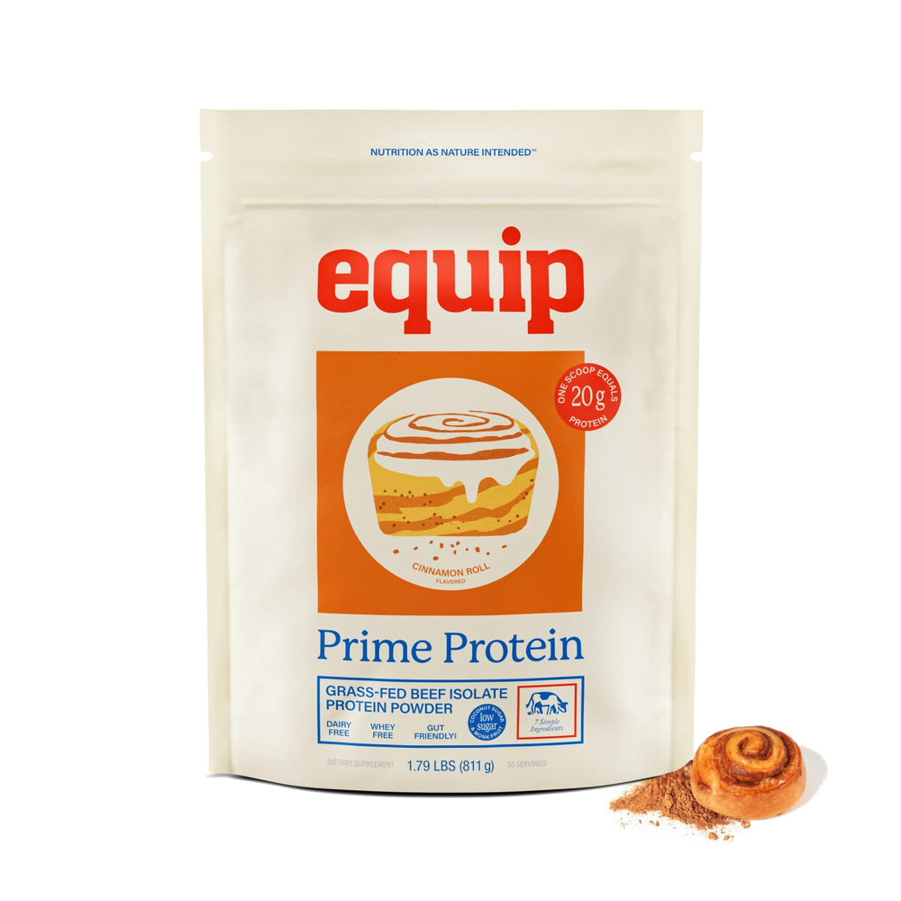 Equip Prime Protein Powder Cinnamon Roll: clean beef protein powder for keto-friendly fueling.