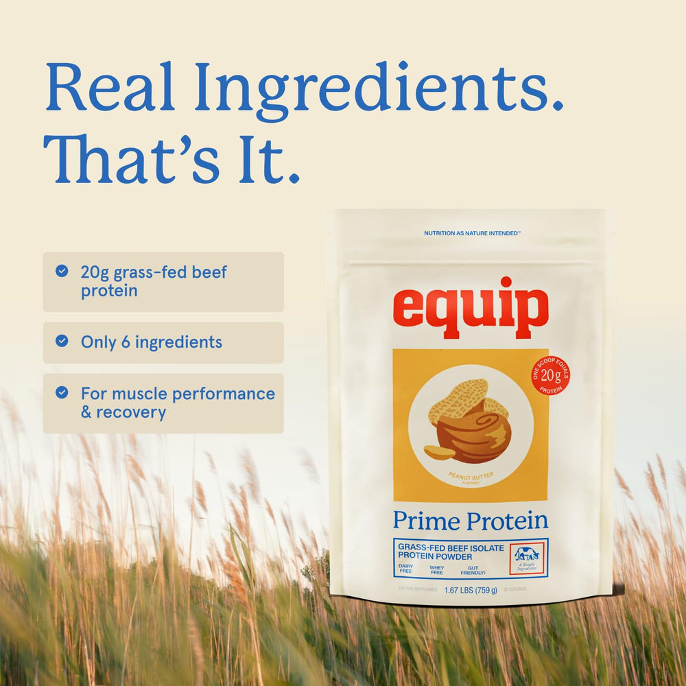 Equip Prime Protein Powder cinnamon roll tub offers cozy flavor without dairy.