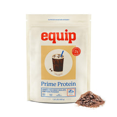 Equip Prime Protein iced coffee tub with scoop ready to mix powder.