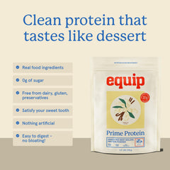 Close-up of clean ingredients in Equip Prime Protein packaging.