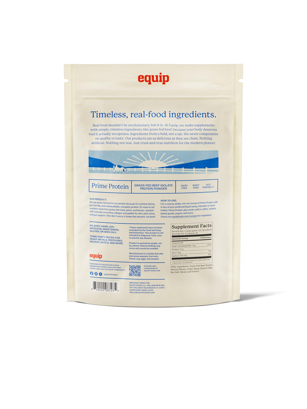 Equip Prime Protein label close-up on packaging.