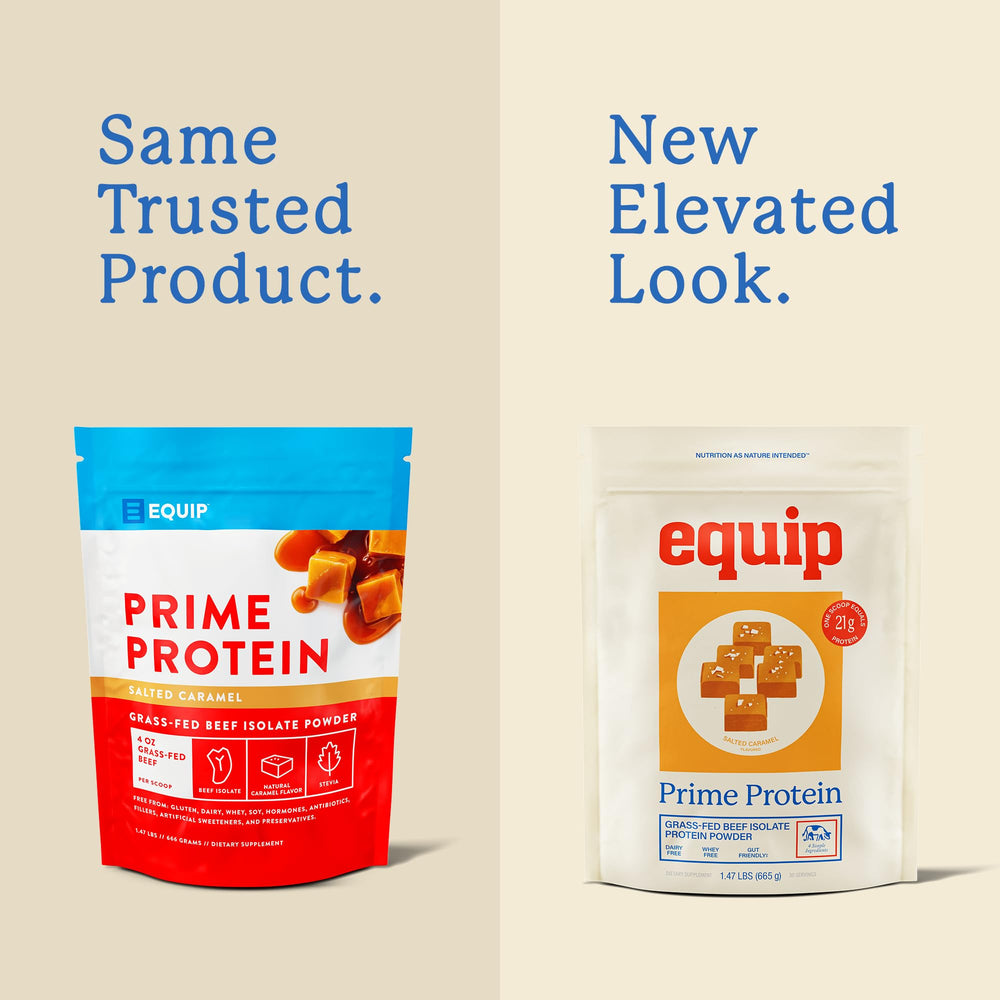 Prime Protein Powder bottle beside blender shows keto-friendly, sugar-free nutrition.