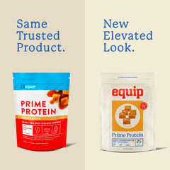Prime Protein Powder bottle beside blender shows keto-friendly, sugar-free nutrition.