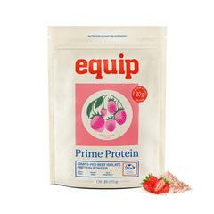 Equip Prime Protein Powder strawberry bottle with scoop demonstrates keto-friendly nutrition.
