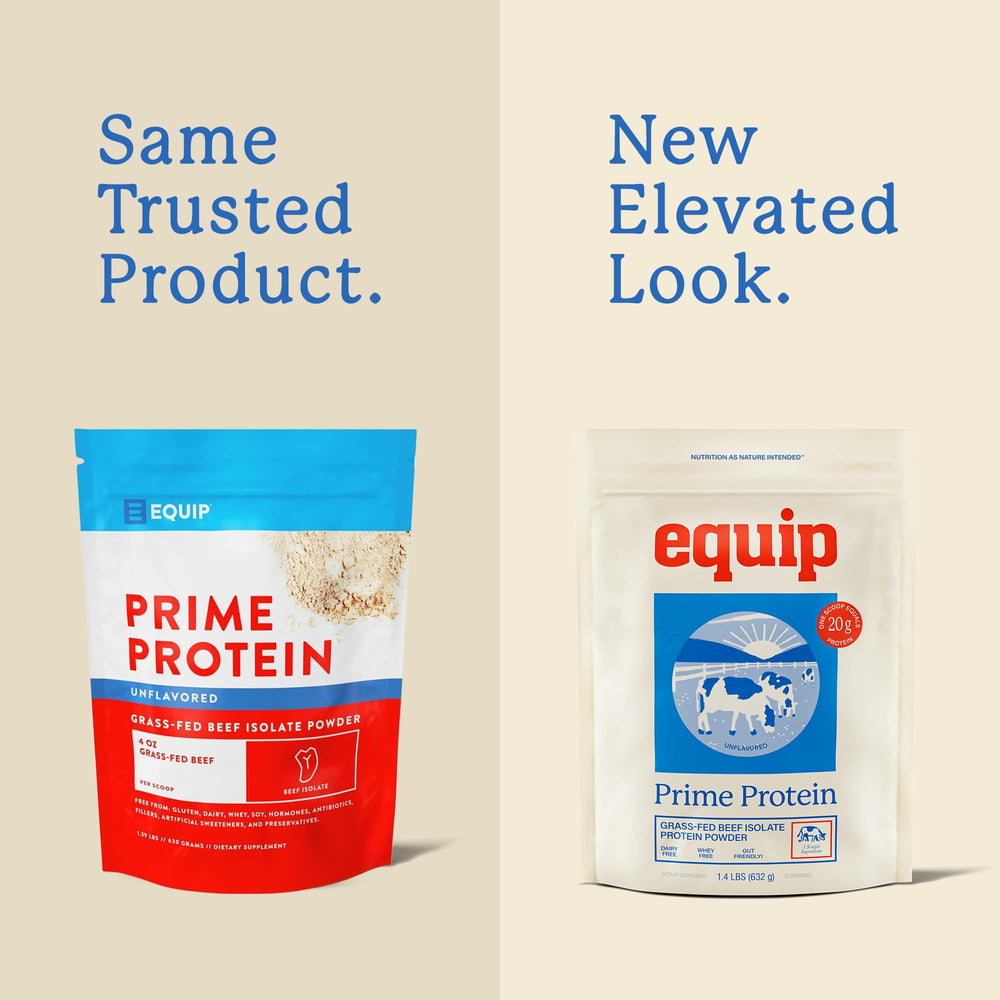 Equip Prime Protein Powder tub nutrition panel highlighting pure grass-fed protein.