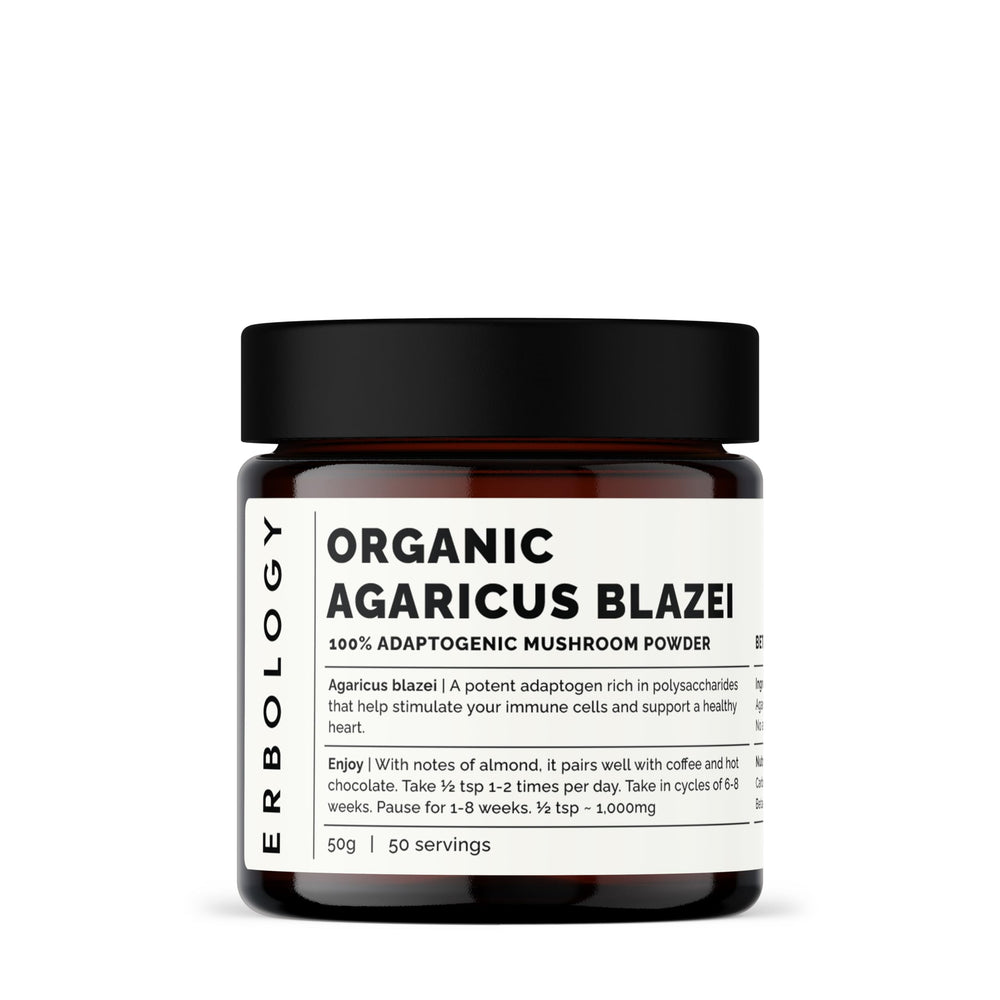 Erbology Agaricus Blazei powder jar showing premium whole-food extract and beta-glucans.
