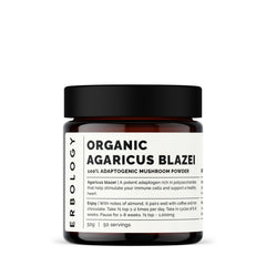 Erbology Agaricus Blazei powder jar showing premium whole-food extract and beta-glucans.