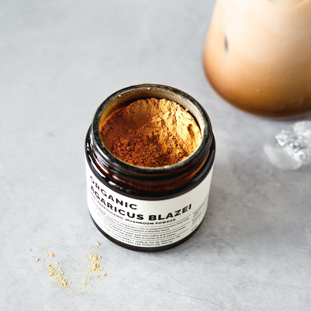 Scoop of Erbology Agaricus Blazei powder for easy measuring and mixing.