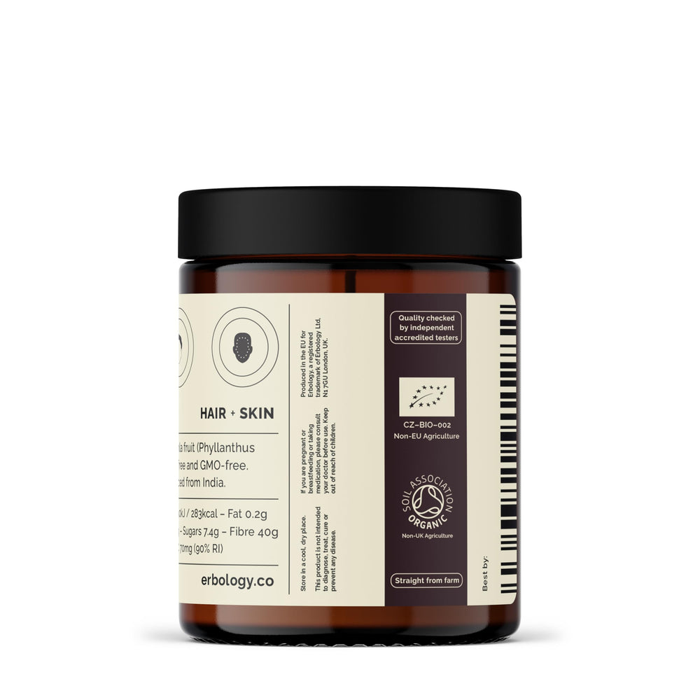 Small-batch Erbology amla powder packaging emphasizes sustainability.