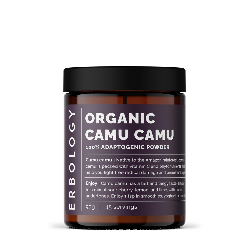 Erbology Camu Camu Powder jar shows a rich vitamin C source for smoothies.