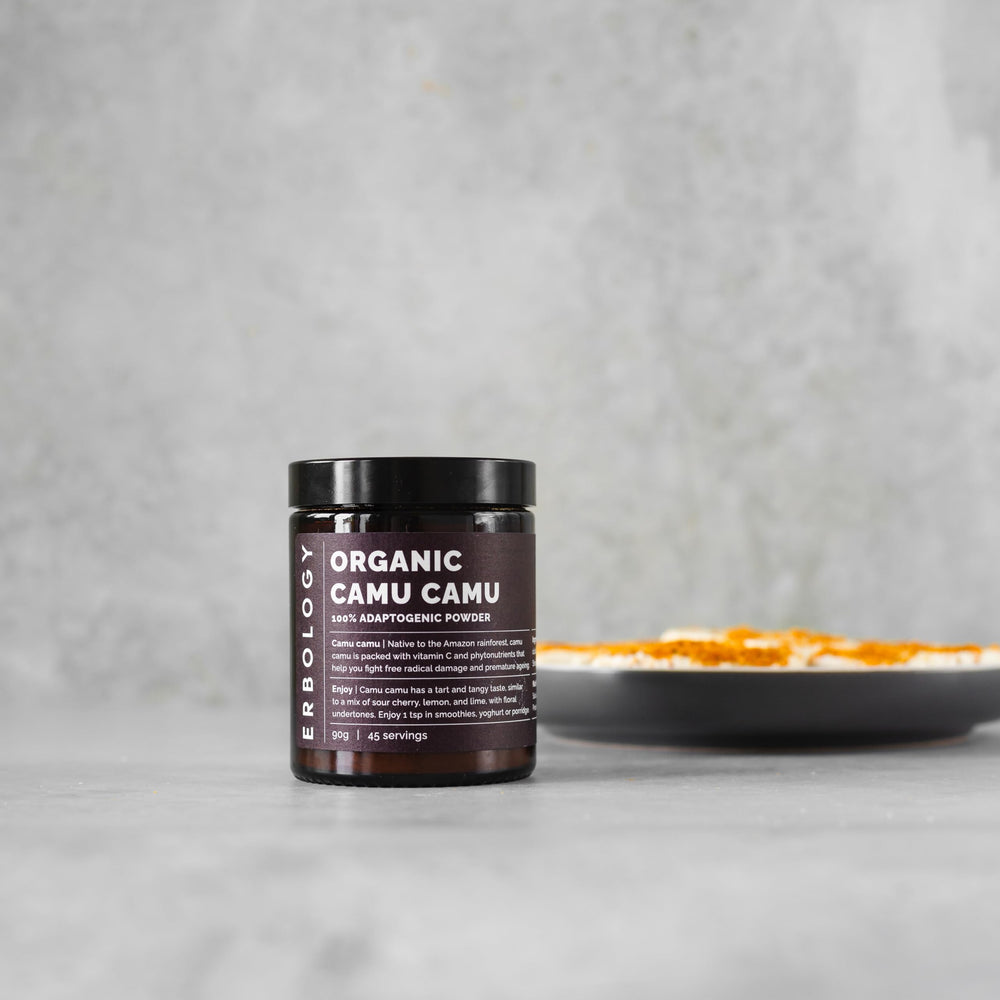 Erbology Camu Camu Powder on a smoothie bowl with tart berry flavors.