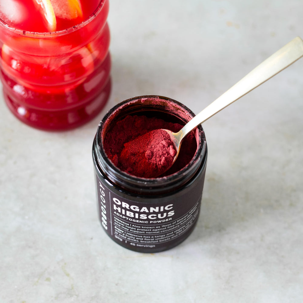 Erbology hibiscus powder spoon-add to smoothies for a vibrant boost