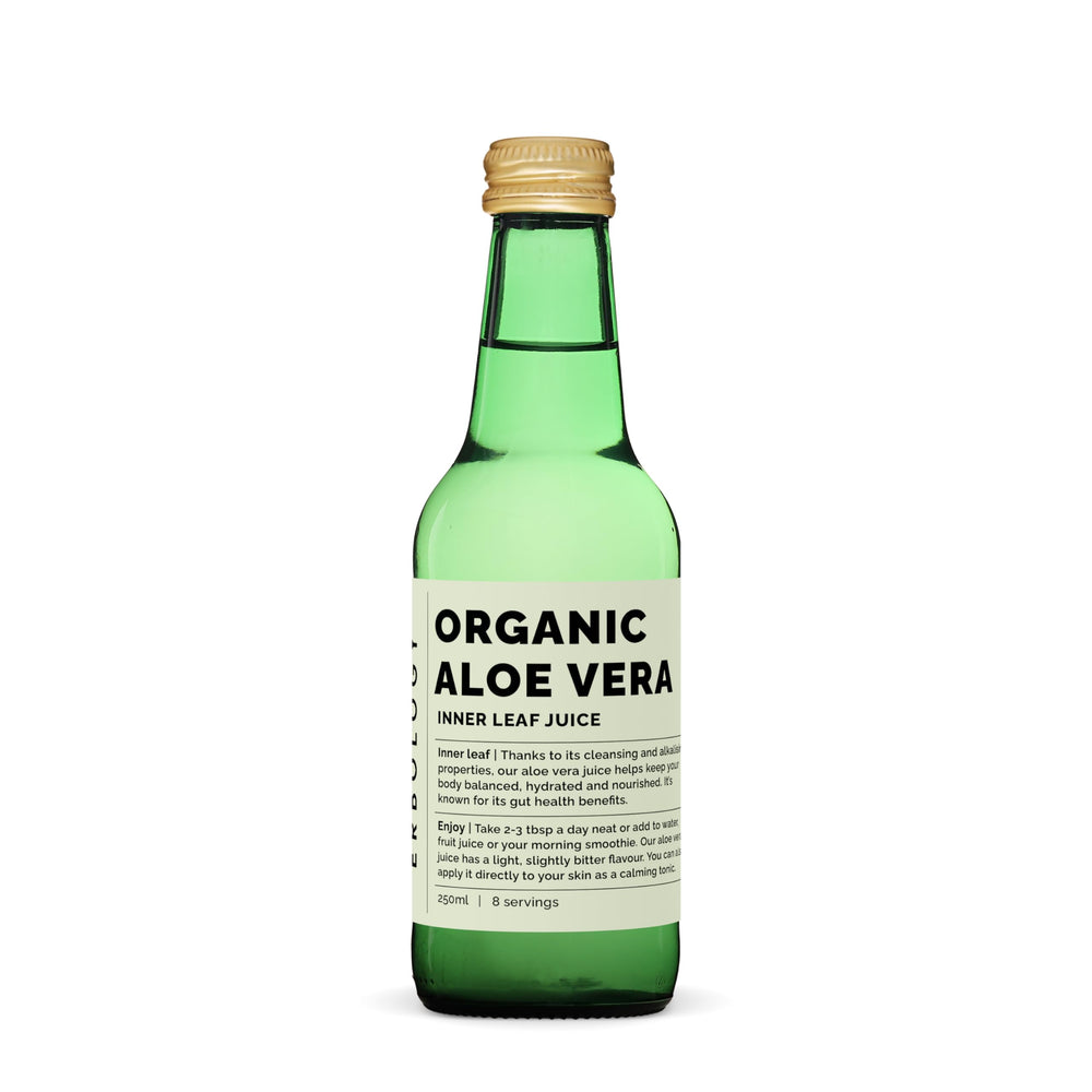 Erbology organic aloe vera inner leaf juice bottle, nutrient-dense.