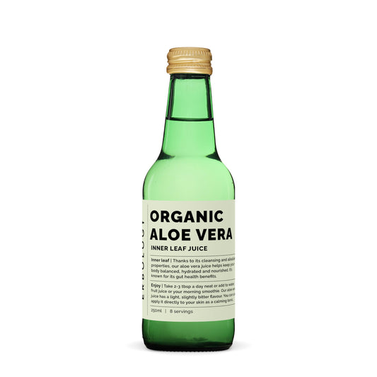 Erbology organic aloe vera inner leaf juice bottle, nutrient-dense.