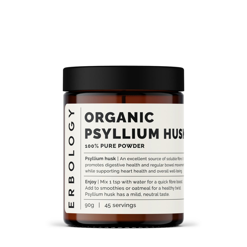 Erbology psyllium husk powder bottle on a kitchen counter, ready to mix for daily fiber