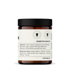 Closeup of Erbology psyllium husk powder packaging highlighting small-batch sourcing