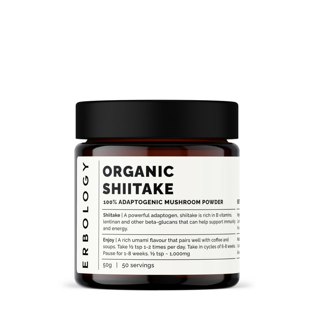 Erbology Shiitake powder jar label highlights organic quality for savory dishes.