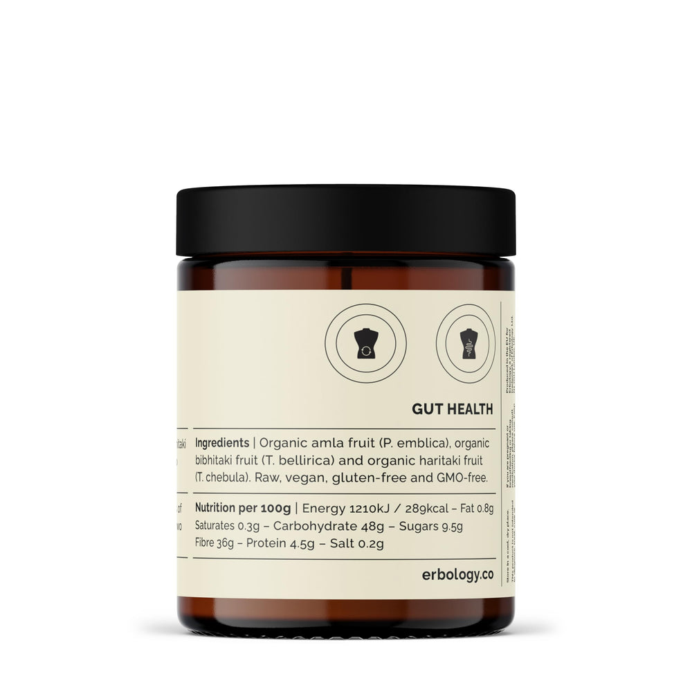 Erbology Triphala amber glass packaging signals eco-friendly, recyclable materials.