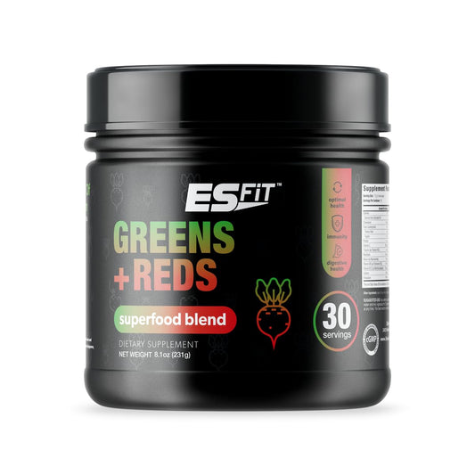 ES FIT Super Greens powder bottle on the counter, supporting daily immune health.
