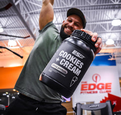 ES FIT protein powder packaging close-up highlighting non-GMO and clean ingredients.