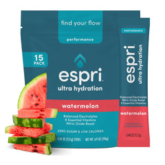 ESPRI zero sugar electrolyte watermelon packet front view for on-the-go hydration